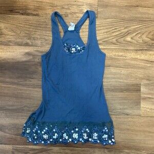 Weavers Vintage Tank Top Womens M Blue Ribbed Layered Sequin Lace Hem Boho